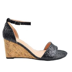 Women's Covered Ankle Strap Black Glitter Wedge